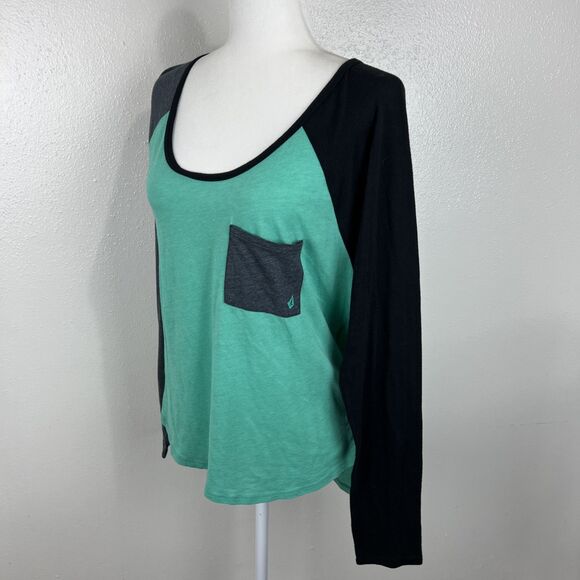 Volcom Shirt Women Extra Large Green Black Raglan Lightweight Baseball L/S Tee - Picture 2 of 14
